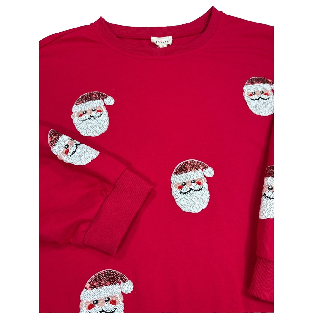 BiBi Sweatshirt Women's XL Top Red Santa Claus Sequin Sparkle Holiday Festive